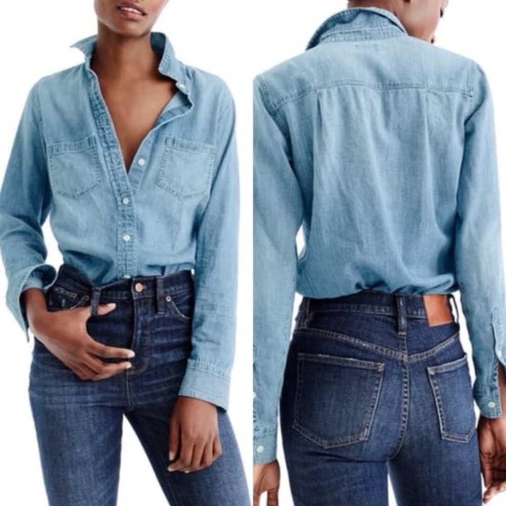 J Crew Button Down Medium Wash Denim Top W Pockets